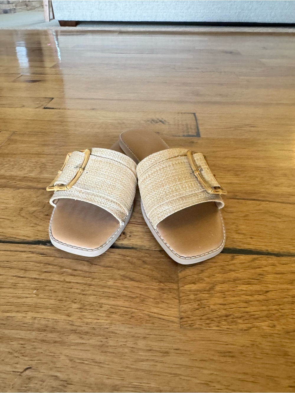 Beige Buckle Slide Sandals - Women's Casual Summer Slides